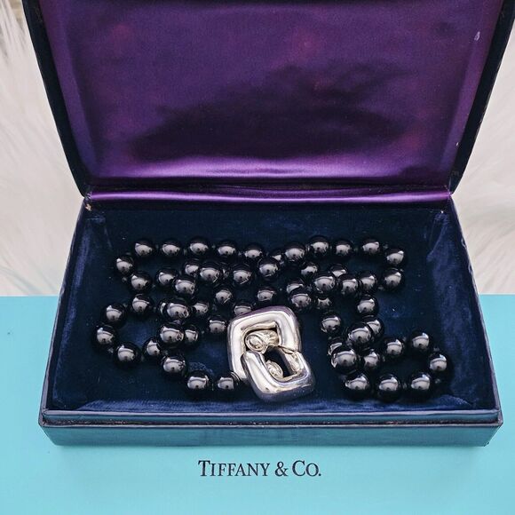 Vintage 1986 Tiffany & Co Paloma Picasso Silver Square Toggle Onyx Bead Necklace - Picture 9 of 15